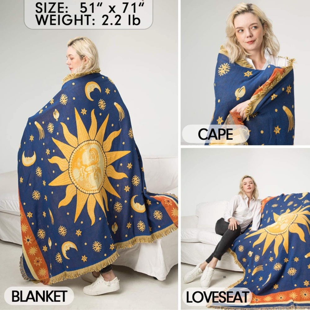 Bohemian Vintage Sun/Moon Retro Reversible Throw Blanket for Sofa/Bed/Dorm/Patio - Picture 5 of 7